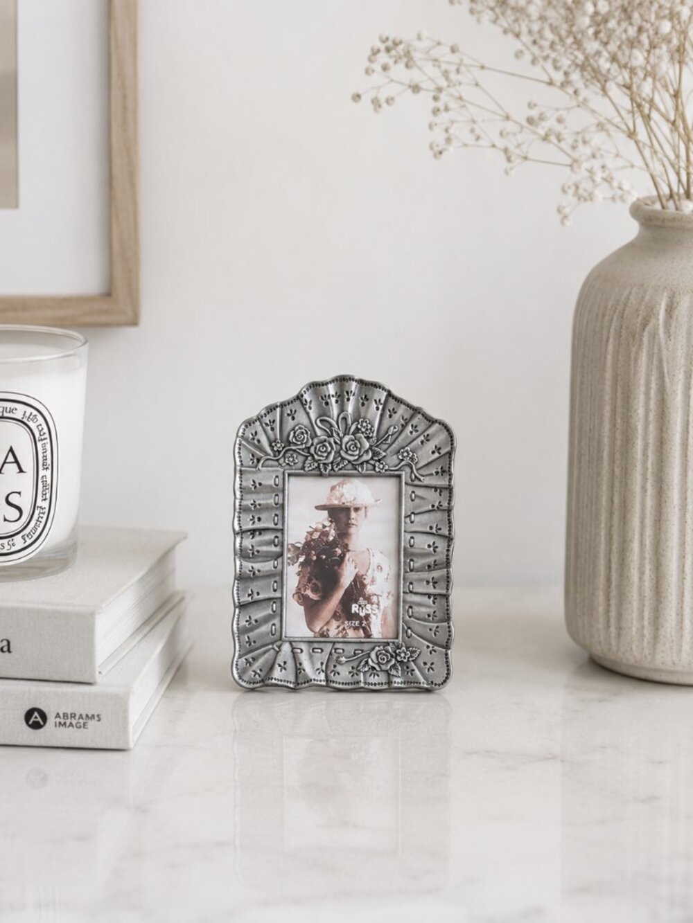 Vintage Russ Berrie Pewter Mini Picture Frame - Ornate Ruffle Fan Rose 2x3